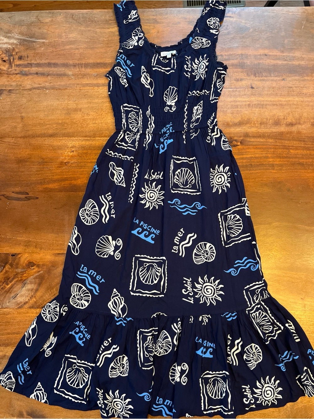 Patrons of Peace XS Beach Print Off Shoulder Maxi Dress Blue/white